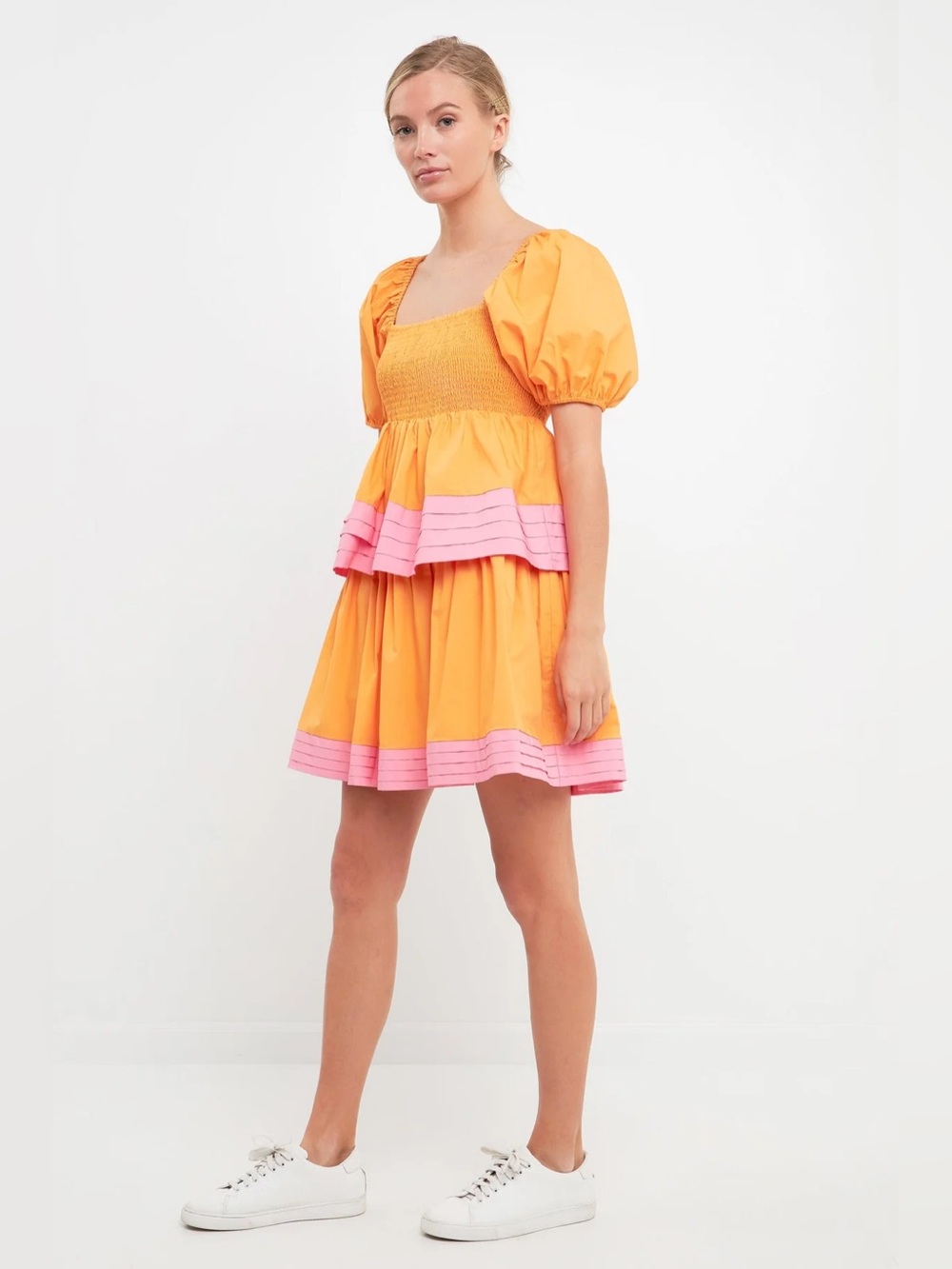Colorblock Smocked Tiered Mini Dress in Orange with Pink Trim - Picture 3 of 4